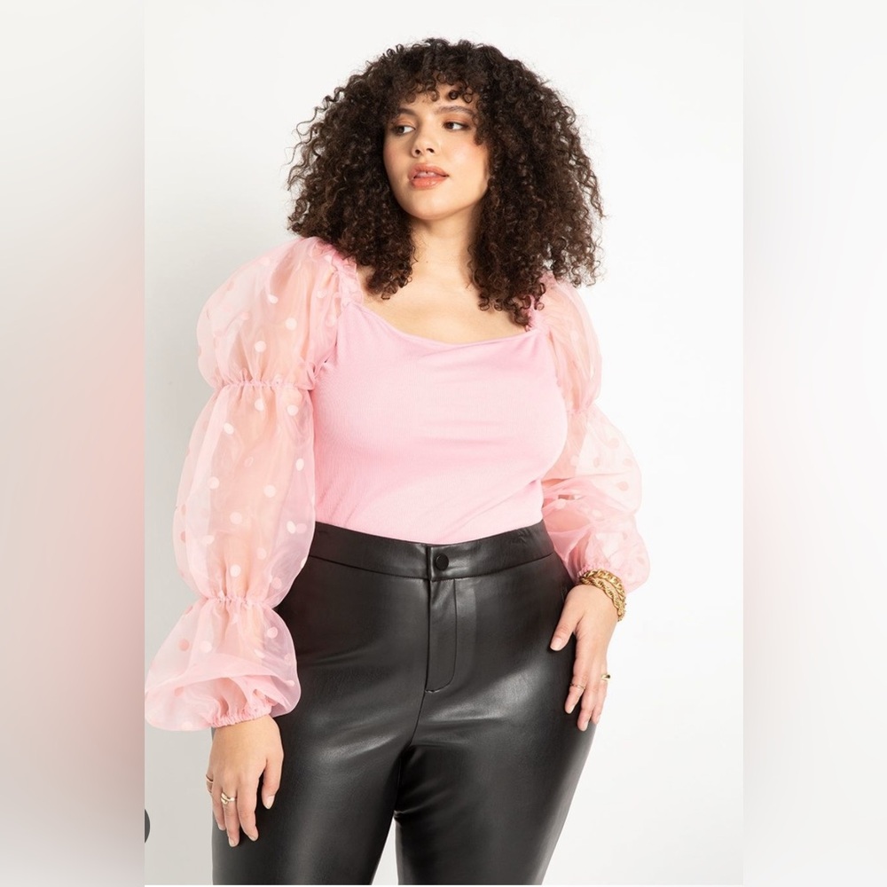 Eloquii Pink Sheer Puff Long Sleeve Blouse with Polka Dots (size 18/20)
